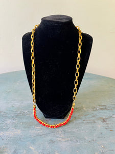 Gold and Red Bead Chain Necklace