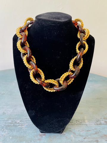 Tortoise Shell and Gold Twisted Rope Link Necklace