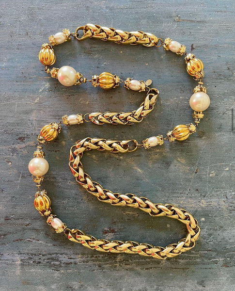 Long Wheat Chain Necklace With Pearls