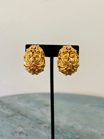 Gold Baroque Filigree Clip Earrings