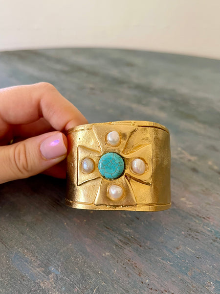 Gold-Plated Pearl and Turquoise Maltese Cross Cuff