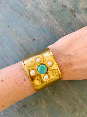 Gold-Plated Pearl and Turquoise Maltese Cross Cuff