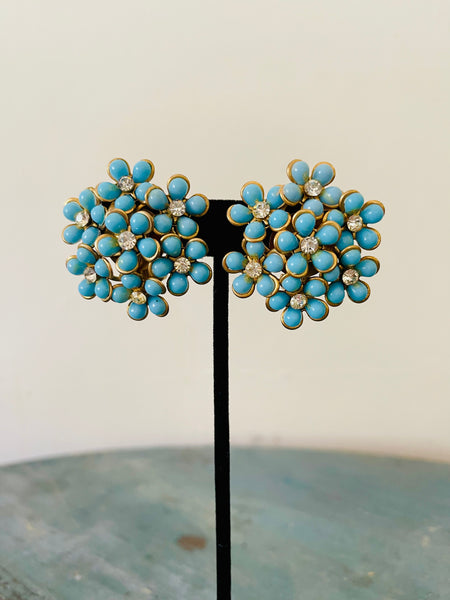 Turquoise Floral Cluster Clip Earrings