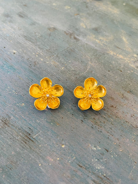 Bright Gold Flower Clip Earrings