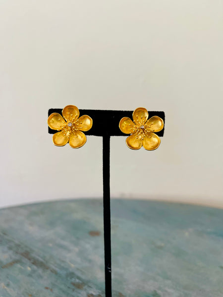 Bright Gold Flower Clip Earrings