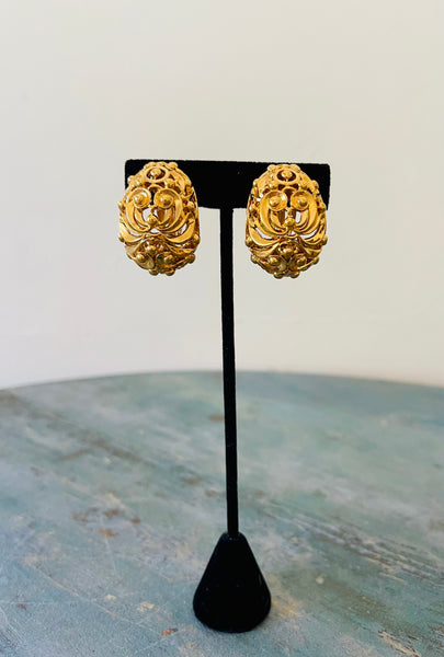 Gold Baroque Filigree Clip Earrings