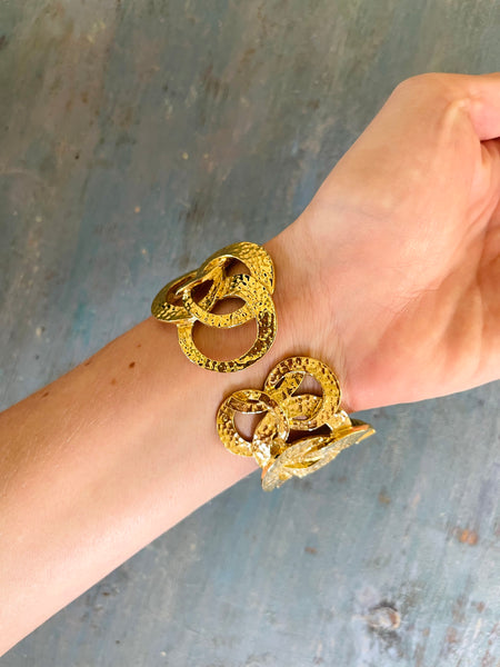 Wide Hammered Gold Bracelet With Interlocking Circles