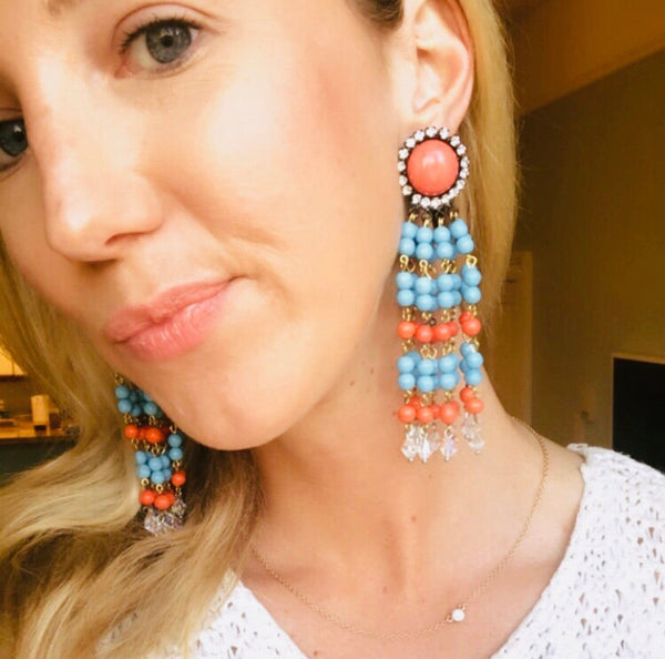 Fun Coral and Blue Dangle Tassel Earrings