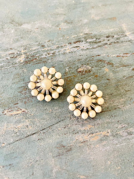 Pearl and Baguette Flower Earrings