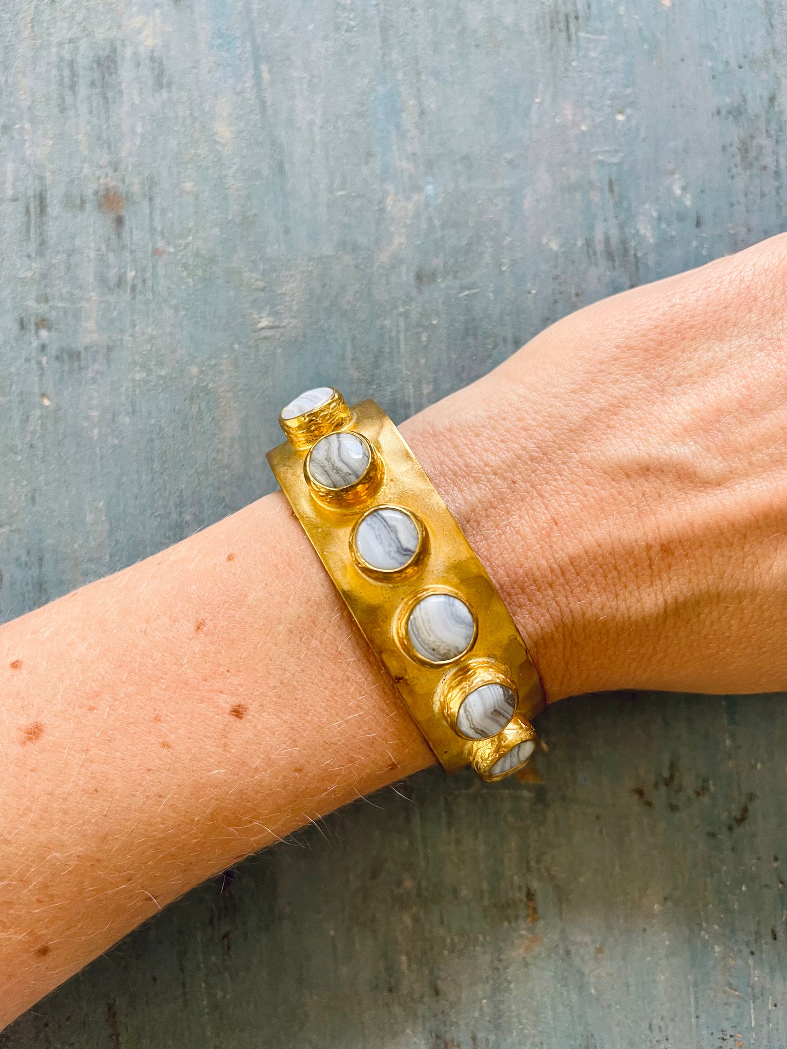 Hammered Brass Bracelet With Gray Stones