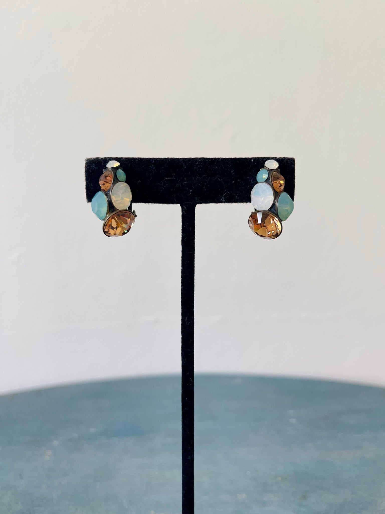 Multicolor Crystal and Brass Clip Earrings