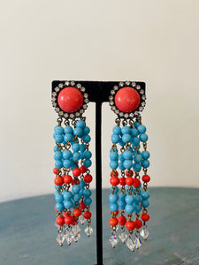 Fun Coral and Blue Dangle Tassel Earrings