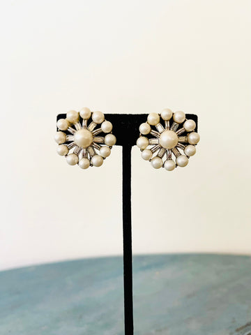 Pearl and Baguette Flower Earrings