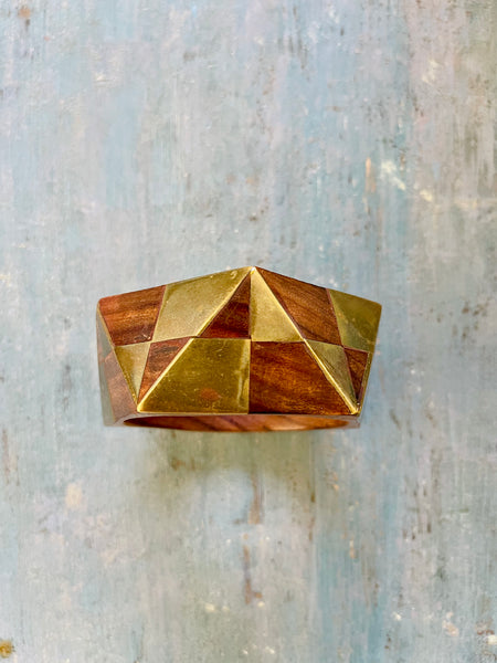 Faceted Wood and Brass Modernist Bangle