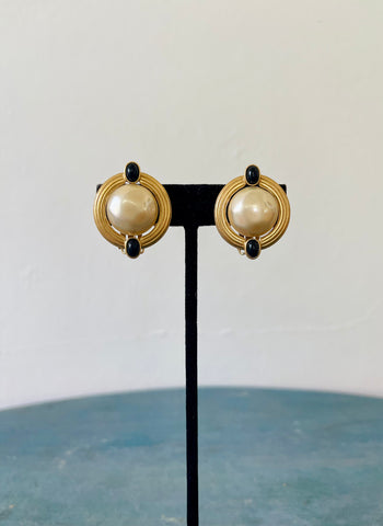 Pearl and Black Cabochon Button Earrings