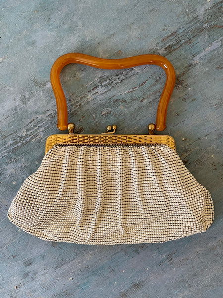 Pearlised Mesh Evening Bag With Bakelite Handle