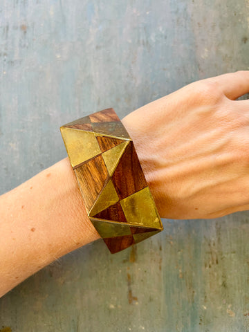 Faceted Wood and Brass Modernist Bangle