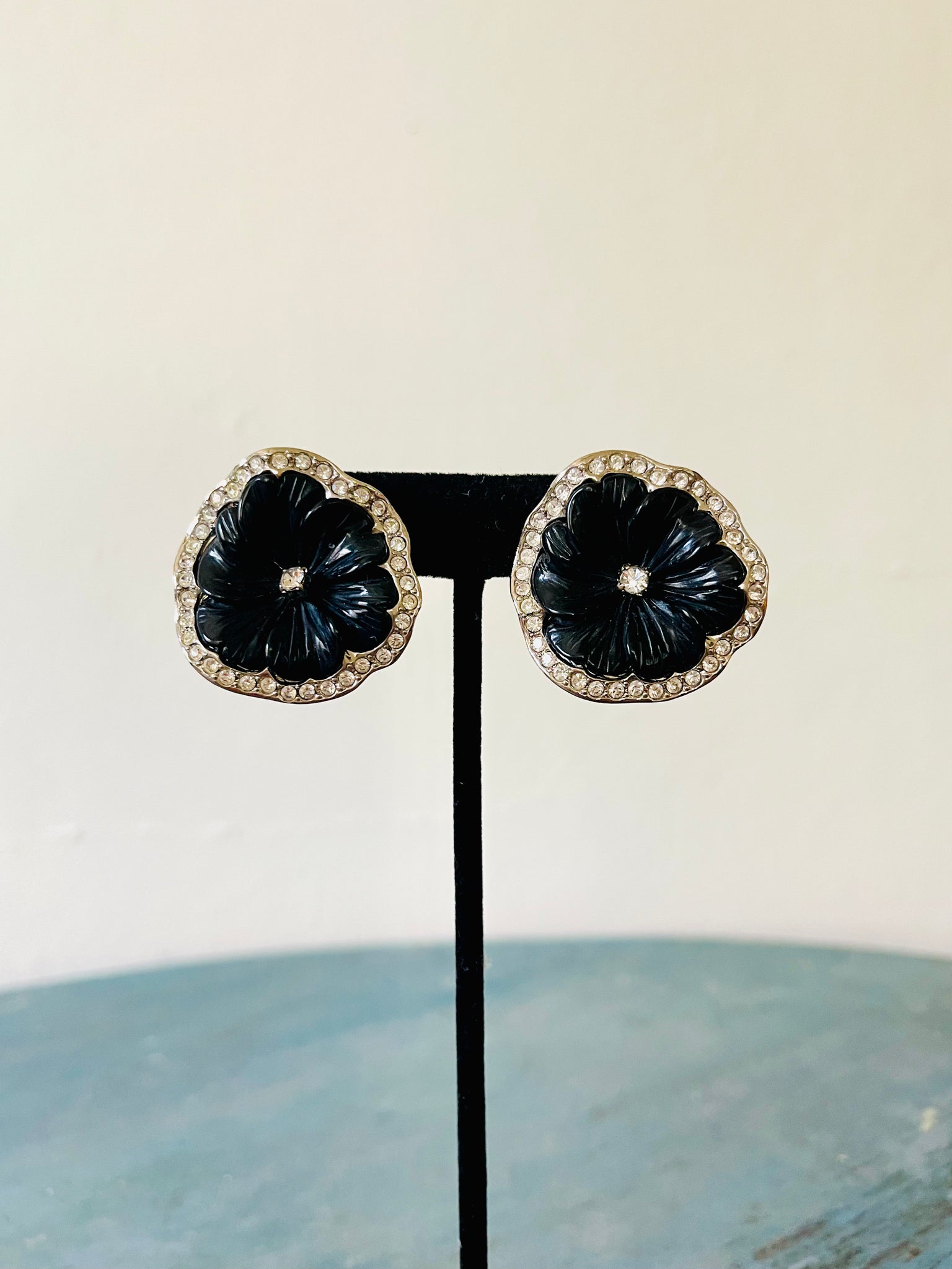 Black Resin and Rhinestone Flower Clip Earrings