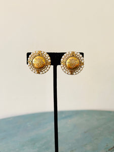 Engraved Gold and Pearl Button Earrings