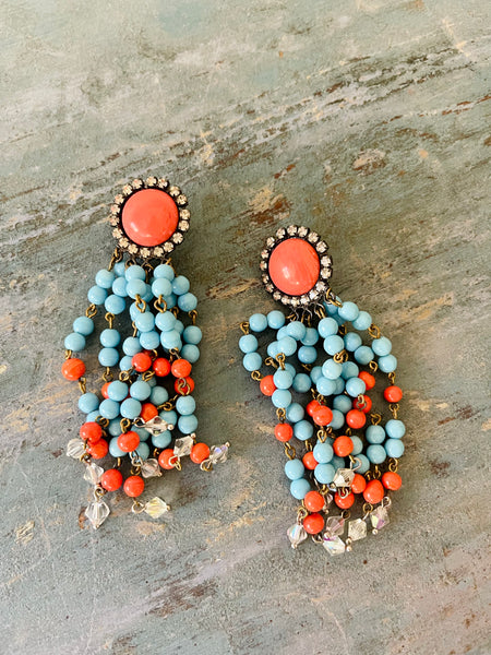 Fun Coral and Blue Dangle Tassel Earrings