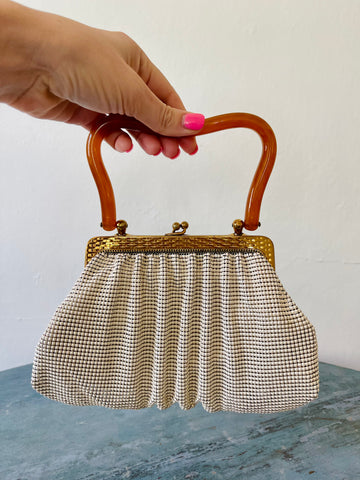 Pearlised Mesh Evening Bag With Bakelite Handle