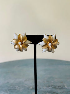 White and Cast Gold Floral Clip Earrings