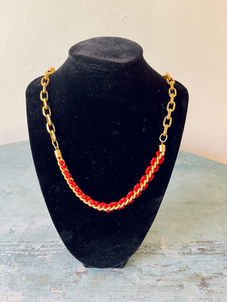 Gold and Red Bead Chain Necklace