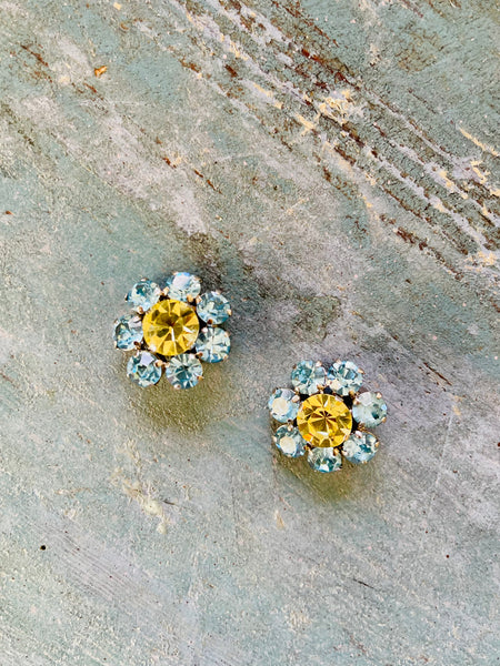 Citrine and Baby Blue Crystal Clip Earrings