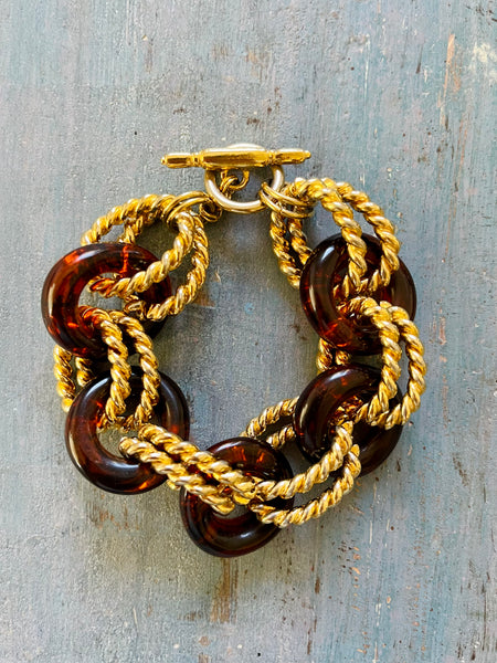 Tortoise Shell and Gold Twisted Rope Link Bracelet