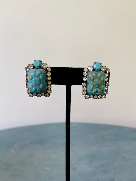 Rhinestone Buddhist Jade Clip Earrings