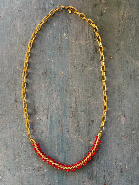 Gold and Red Bead Chain Necklace