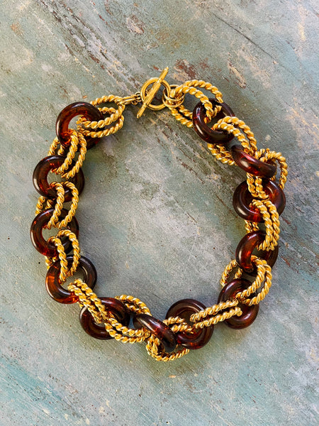 Tortoise Shell and Gold Twisted Rope Link Necklace