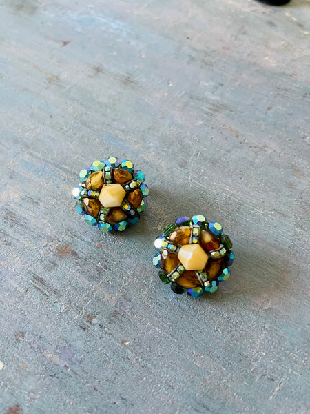 Sparkly Teal and Brown Beaded Clip Earrings