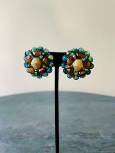 Sparkly Teal and Brown Beaded Clip Earrings