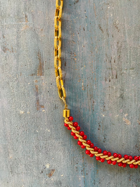 Gold and Red Bead Chain Necklace