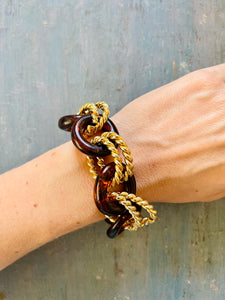 Tortoise Shell and Gold Twisted Rope Link Bracelet